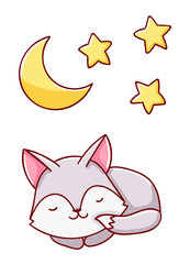 Cute kawaii hand drawn wolf and moon and stars doodles, isolated on white background