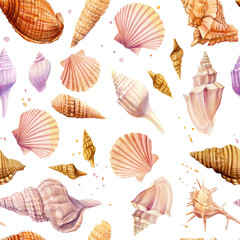 Seamless pattern seashells, isolated on white background. Watercolor hand drawn illustrations