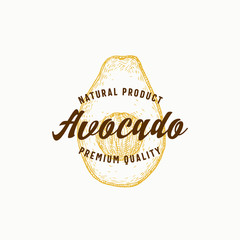 Avocado Abstract Vector Sign, Symbol or Logo Template. Hand Drawn Sketch Fruit with Retro Typography. Vintage Emblem.