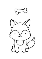 Coloring pages, black and white cute kawaii hand drawn wolf and bone doodles