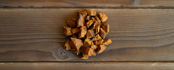 chaga tea mushroom from birch tree using for healing tea or coffee in folk medicine. banner