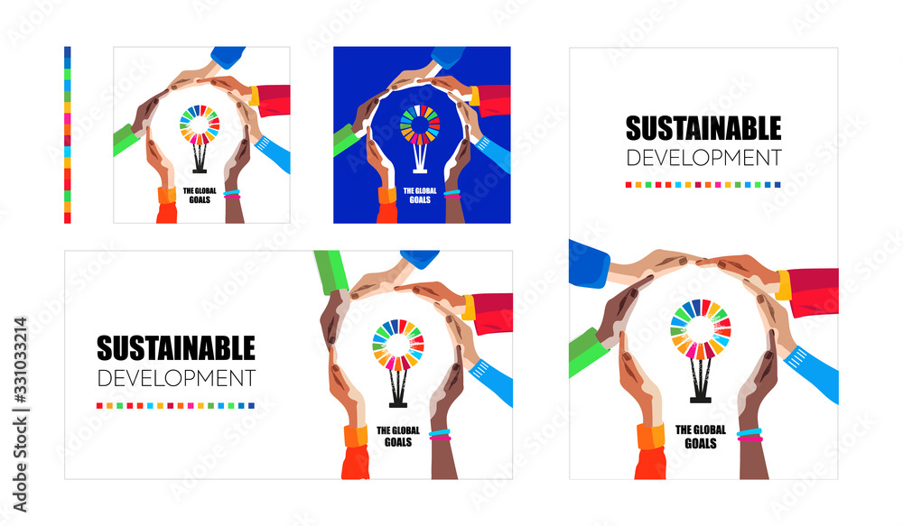 Wall mural sustainable development goals. hands make light symbol and colorful logo inside. multicultural peopl