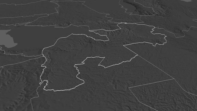 Kericho, county with its capital, zoomed and extruded on the bilevel map of Kenya in the conformal Stereographic projection. Animation 3D