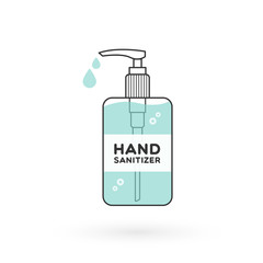 Hand sanitizer bottle isolated with pump. Washing alcohol gel used against viruses, bacteria, flu, coronavirus. Waterless hand cleaner. Handwashing. Black outline. Vector illustration, flat design