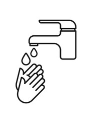 Hand washing. Washing hands under the tap. Outline symbol. Prevention against viruses, bacteria, flu, coronavirus. Concept of hygiene, cleanliness, disinfection. Vector illustration, flat design