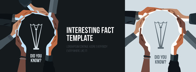 Did you know icon tenplate. Hands of multicultiral team make light like idea, help, tag. Quiz interesting fact label, banner with empty space. Post background for business in minimalistic black colors - obrazy, fototapety, plakaty