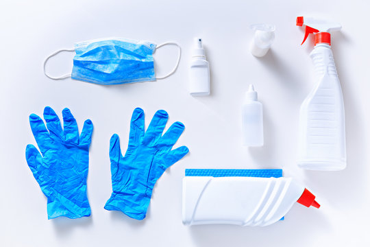 Top view of protective disinfection set, isolated on top of white background.