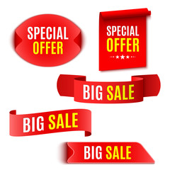 Set of red sale banners. Ribbons and stickers. Vector illustration.