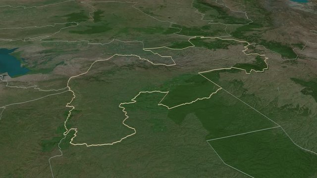Kericho, county with its capital, zoomed and extruded on the satellite map of Kenya in the conformal Stereographic projection. Animation 3D