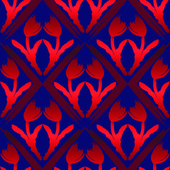 Fototapeta na wymiar art deco. Seamless floral pattern. Red brilliant tulips in a rhombus. Abstract illustration vector graphics, Wallpaper, fabric, packaging or tiles for interior, blue background