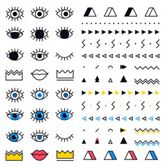 Geometric shapes set with eyes in 80s style. Memphis vector graphic elements on white background for tattoo stickers. Set includes triangle, lips, crown, border in line design.