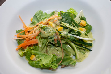 Dish served with green salad of lettuce, red onion, corn, carrot and dressing, healthy food with many vitamins.