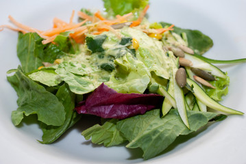 Dish served with green salad of lettuce, red onion, corn, carrot and dressing, healthy food with many vitamins.