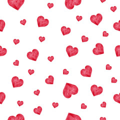 Seamless pattern with watercolor pink hearts on white background. Perfect for design Valentine's day holiday card, textile fabric print, wrapping, wallpapers, etc.  Love theme art.