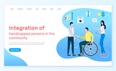 Integration of handicapped persons in the community online. Man character on disabled carriage, people cooperation and support link. Website or webpage template, landing page flat style vector