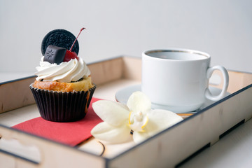 Fresh, hot brownie coffee on a breakfast tray.