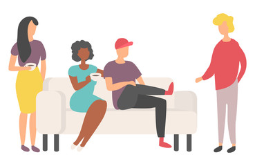 Group of people sitting on sofa, man and woman holding cup with drink, portrait view of friends characters in casual clothes indoor, meeting vector
