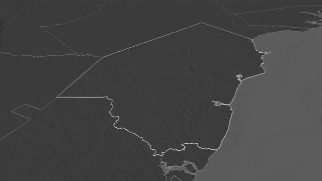 Kilifi, county with its capital, zoomed and extruded on the bilevel map of Kenya in the conformal Stereographic projection. Animation 3D