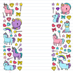 Children pattern with fairy tale unicors for kids clothes, posters, banners, shirts. Vector image with cartoon character.