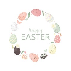 Easter wreath with easter eggs. Holidays card. Frame pastel color.