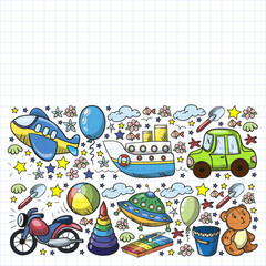 Naklejka premium Vector pattern with toys for little kindergarten children. Dinosaur, teddy bear, rocket, ship, airplane, balloon, car, motorcycle, truck.