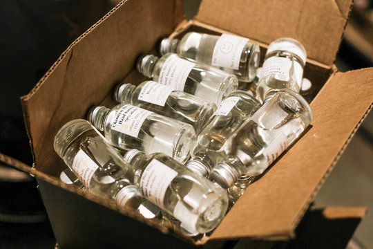 A box of free hand sanitizers is pictured at Chambers Bay Distillery, which is creating the product with ethanol alcohol and giving it away, following reports of coronavirus disease (COVID-19) cases in the country, in University Place