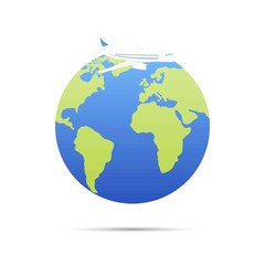 Plane on earth icon. Flat illustration of plane on earth icon isolated on white background