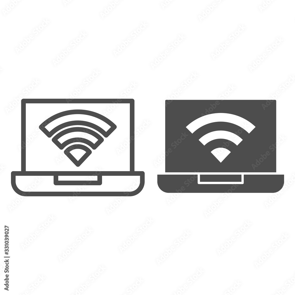 Poster laptop with signal line and glyph icon. wireless connection, device with access symbol, outline styl