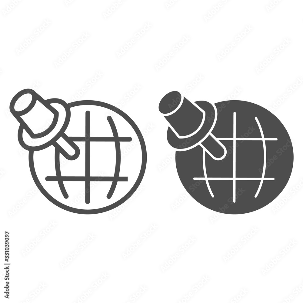 Poster pointer and globe line and glyph icon. travel map pin with planet earth symbol, outline style pictog