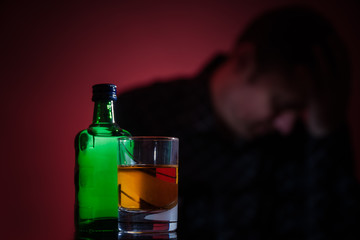 Silhouette of an alcoholic in despair despair, anonymous, problem, bottle, depressed, distilled, crystal, blue, closeup, celebrate, flutes, bartender, colorful, golden, reflection, liquid, mixing
