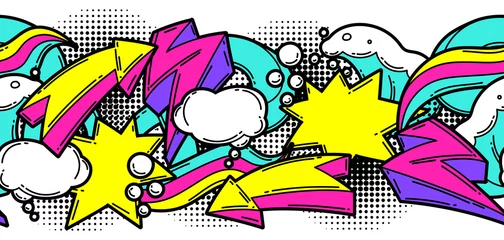 Poster Naadloze patroon met cartoon decoratieve elementen. Stedelijke kleurrijke tiener creatieve achtergrond. © incomible