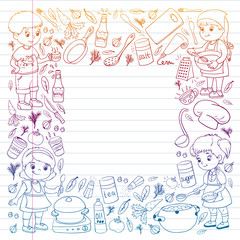 Vector pattern with cooking class for little children. Kids icons. Healthy eating.