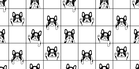 Naklejka premium dog seamless pattern french bulldog vector paw footprint checked line pet puppy animal scarf isolated repeat wallpaper tile background cartoon doodle illustration design