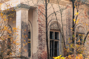 Facade of abandoned community center in Chernobyl Exclusion Zone, Ukraine