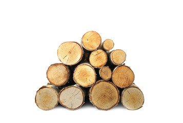 Stack of cut firewood on white background