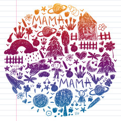Naklejka premium Kindergarten pattern with funny kids drawing. Vector illustration. Children play and grow.