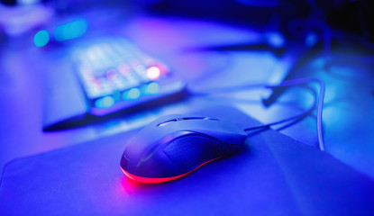 Keyboard and mouse for professional streamer video gamers with computer. Cyber sport championship,...