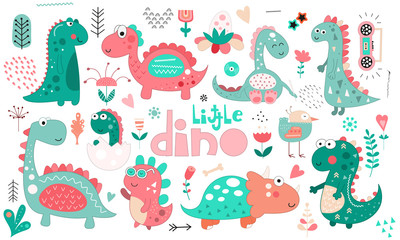 Cute dinosaurs set. Hand drawn. Doodle cartoon dino characters for nursery posters, cards, kids t-shirts. Vector illustration. Isolated on white background. Mint and pink colors.