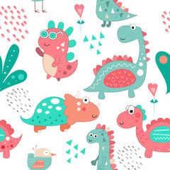 Seamless pattern with hand drawn pink and mint dinosaurs, flowers and bird. Vector Illustration. Kids illustration for nursery design. Cool Dino style trendy for baby clothes, wrapping paper.
