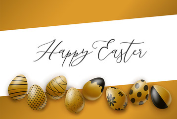 Fototapeta na wymiar Happy Easter poster or banner. Golden eggs with black ornament. Realistic vector illustration.