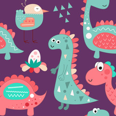 Seamless pattern with hand drawn mint and pink dinosaur, eggs and bird in scandinavian style. Vector Illustration. Kids illustration for nursery design. Dino style trendy for baby clothes, wrapping pa