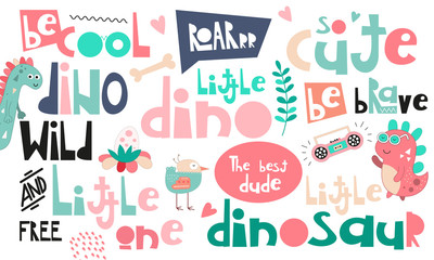 Set of hand drawn dino quotes, phrases and words. Graphic design for t-shirt, posters, greeting cards. Vector illustration. Dinosaurs theme for dino collection. Mint and pink colors.
