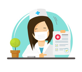 Doctor in medical face mask or physician woman person showing good healthy test check up results list vector icon flat, medic female character and paper report modern design covid-19 or coronavirus 