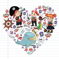 Vector set with pirate elements for birthday party for little children. Kids pattern with octopus, beach, treasure chest, ship