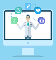 Appointment for consultation and determination of disease through computer. Doctor examine patients remotely. Medical web application on your device. Vector illustration of online medicine in flat