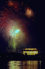 Washington, DC. USA,  July 4, 1989.Annual fIreworks display over the Lincoln Memorial as seen from the Virginia side of the Potomac River. .