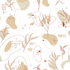 Abstract seamless pattern with branches of leaves and plants, lines and round shapes. Delicate skin color, beige and brown.