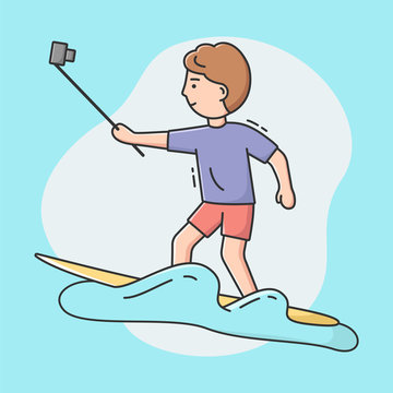 Concept Of Making Selfie. Video Blogger Is Making Selfie Or Vlog By Smartphone Stick Riding Surfboard. Surfer Is Smiling And Having A Good Time. Cartoon Linear Outline Flat Style. Vector Illustration