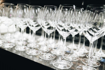 Many clean wineglasses in bar, professional equipment 