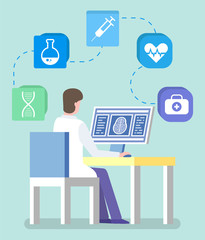 Fototapeta premium Doctor sit in his cabinet in hospital and examine patients remotely. Appointment for consultation through computer. Medical web application on device. Vector illustration of online medicine in flat